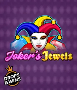 Enjoy the playful charm of Joker's Jewels slot by Pragmatic Play, showcasing a charming joker's mask embellished with a brightly colored jester hat. This image captures the joyful spirit of casino gaming, set against a purple background. Ideal for those who love classic slot games, offering a thrilling adventure. 