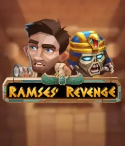 Uncover the thrilling world of Ramses' Revenge slot by Relax Gaming, featuring a surprised explorer and a menacing mummy set against an Egyptian tomb backdrop. This image portrays the adventure of ancient Egyptian myths, ideal for fans of Egyptian-themed slots, delivering a captivating escape. 